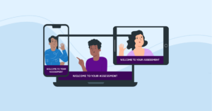 An illustration of three people on three devices to begin a virtual interview.