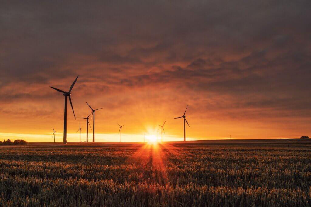 A field with windmills and a sunset in the background