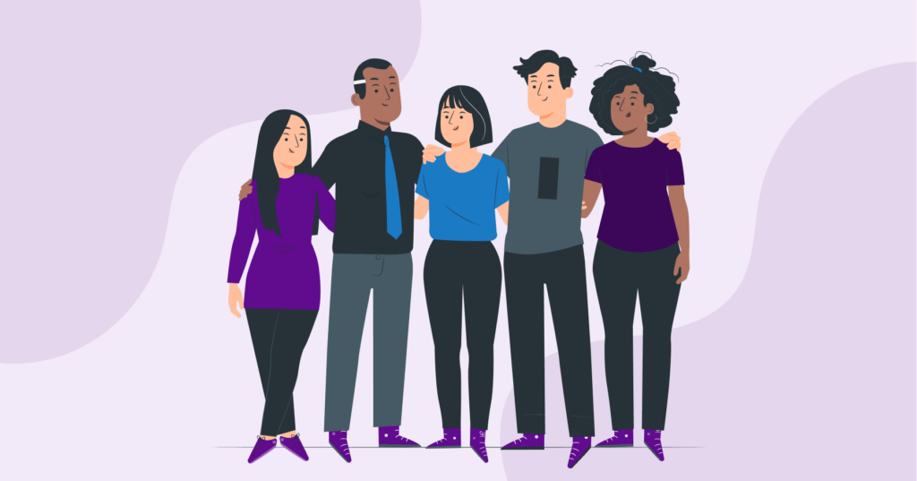 An illustration of five people of various heights, races, and genders standing together with their arms around each other.