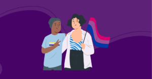 An illustration of two people standing together with their arms around each other. One is holding a bisexuality flag and the other has a nonbinary flag on their shirt.