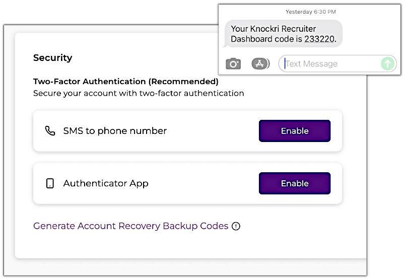 A security interface where users can enable two-factor authentication for their account, alongside a screenshot of a text message containing a code to enter.