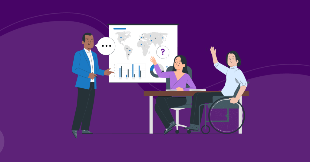 An illustration of one person standing and presenting at a board while two people sit at a nearby table and raise their hand to ask questions, one in a wheelchair.