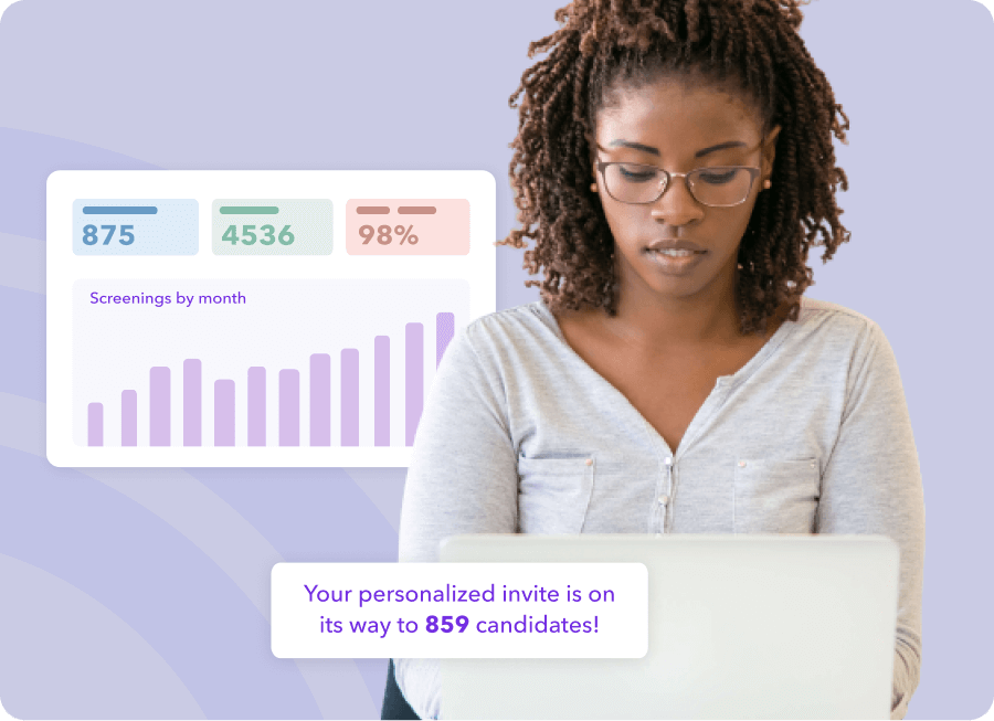 A young Black woman works on a laptop. The graphic on the right shows a bar graph with candidate invitations. A text box reads "Your personalized invite is on its way to 859 candidates."