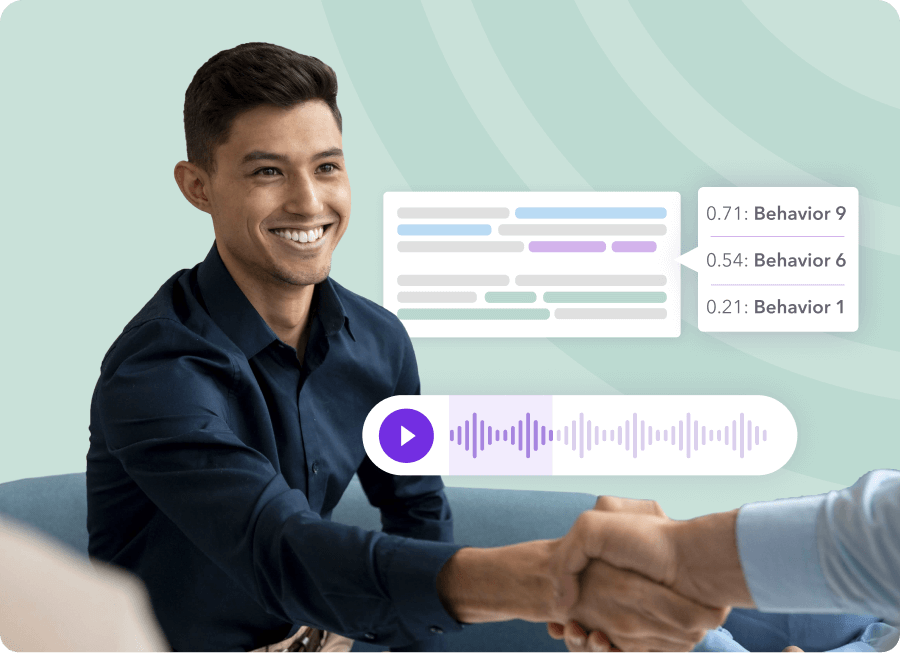 A young Hispanic man sits on a couch and smiles as he shakes hands with someone out of frame. Floating graphics show an audio file and annotated transcription highlighting behaviors used.